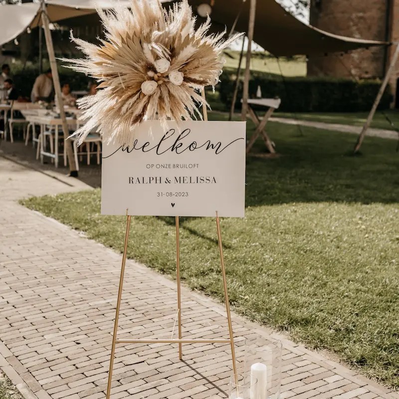 schildersezel goud welkomstbord bruiloft welkom bruilofstyling
